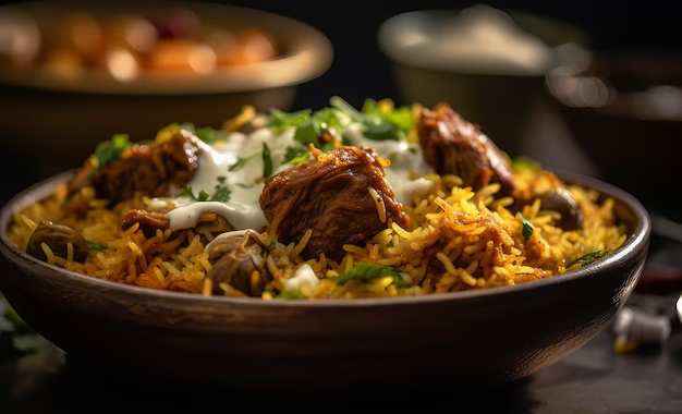 A flavorful plate of Hyderabadi biryani garnished with herbs