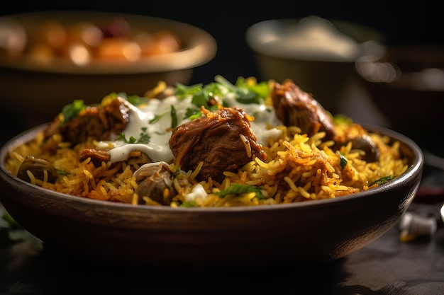 A flavorful plate of Hyderabadi biryani garnished with herbs