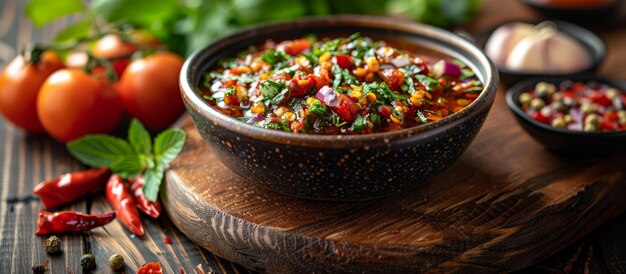 A bowl of classic vegetarian chili garnished with fresh herbs.