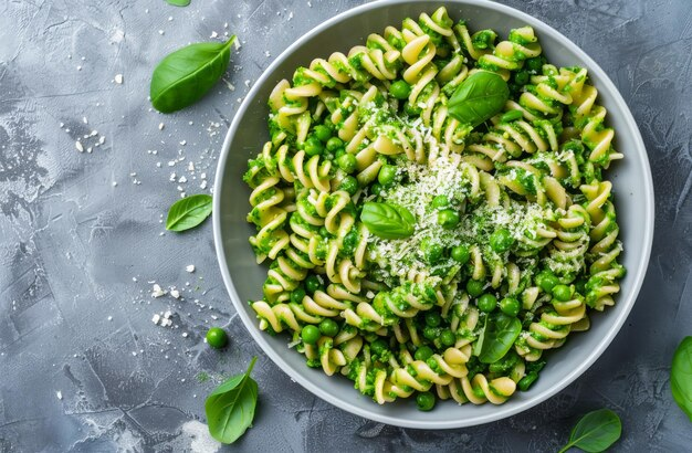 Creamy avocado pasta topped with fresh basil leaves.